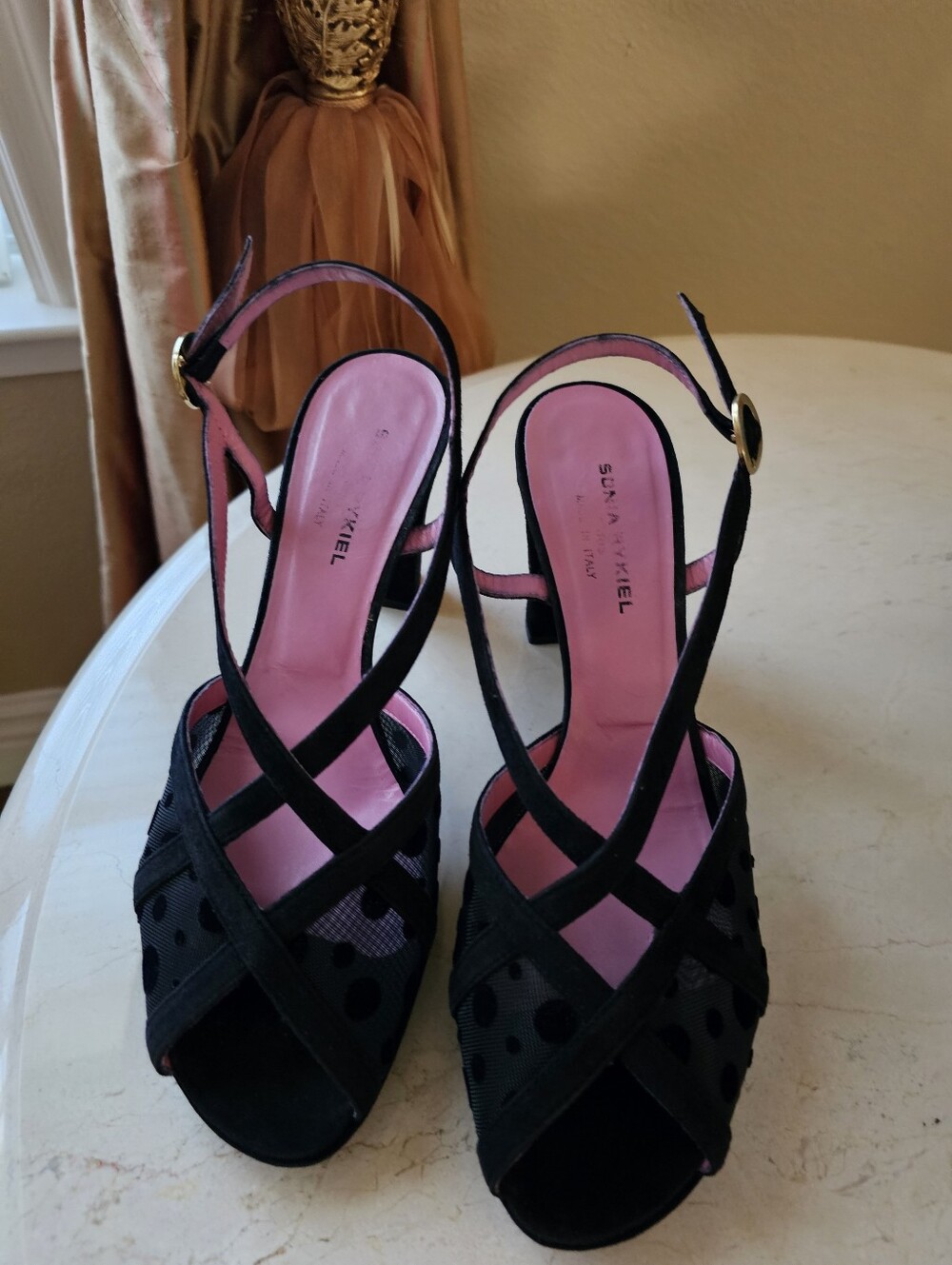 Sonia Rykiel Paris Black Polka Dot Slingback Heels with Pink Insole